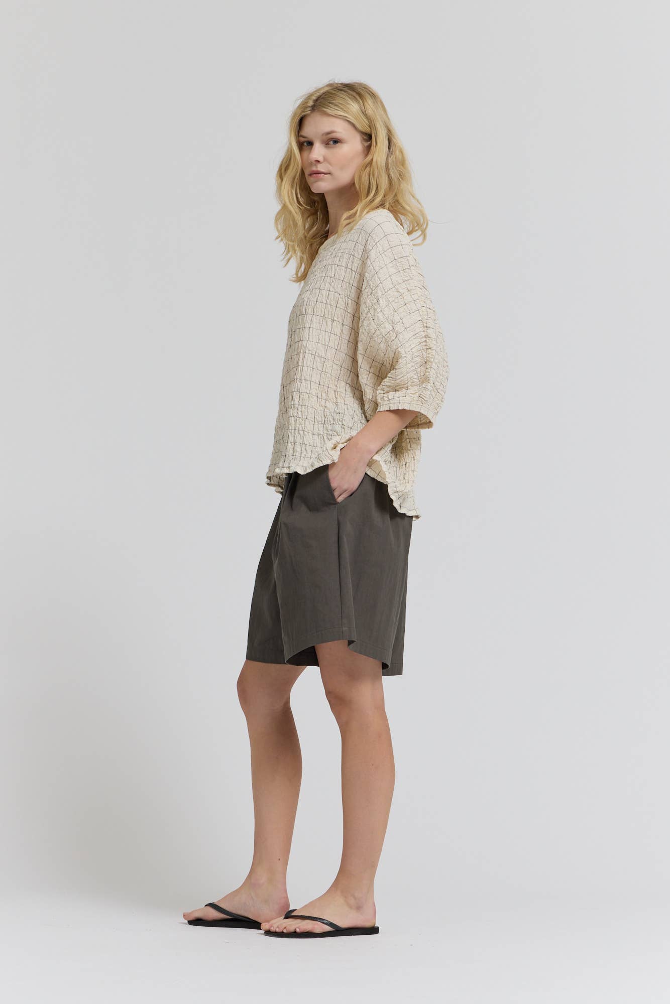 CHECK PRINT GAUZE BLOUSE: Black