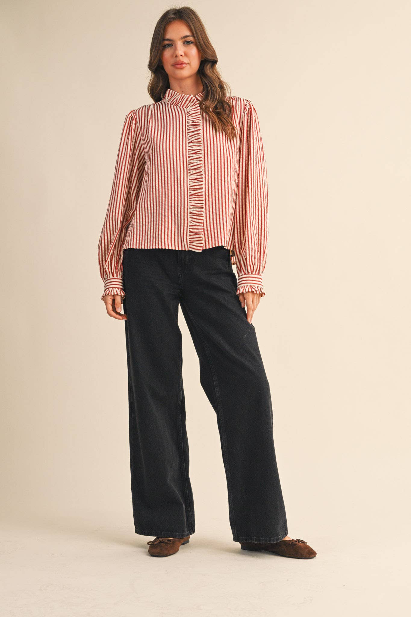 STRIPED RUFFLED BUTTON DOWN: Red Stripe