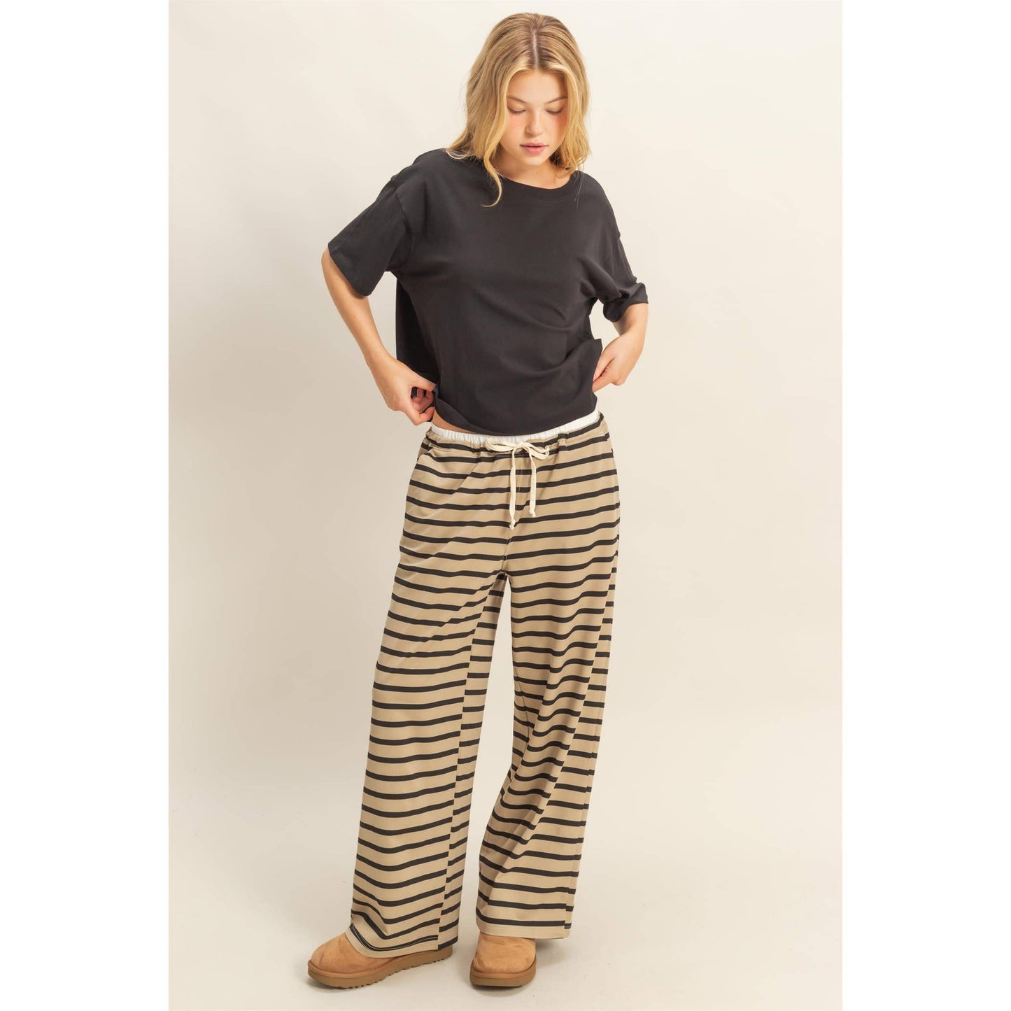 Striped Knit Drawstring Lounge Pants: TAUPE/ BLACK