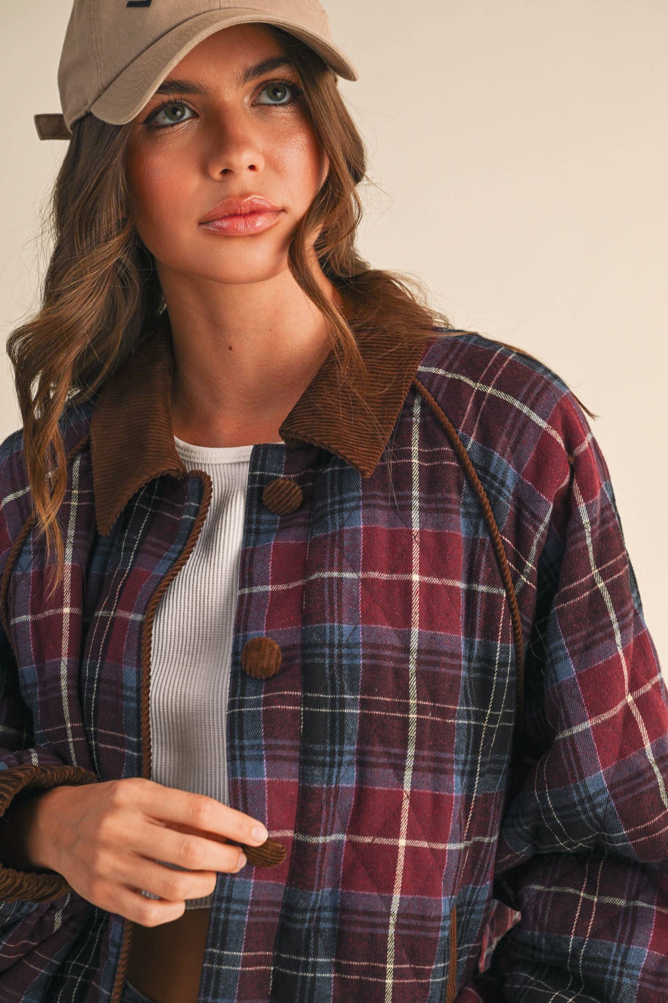 PLAID QUILTED JACKET WITH CONTRAST CORDUROY DETAIL: Mulberry Plaid