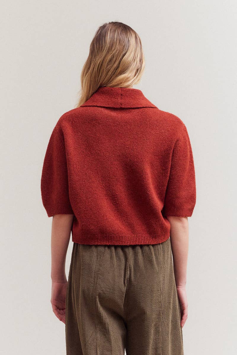 3/4 SHORT SLEEVE COLLAR NECK KNIT TOP: MAPLE