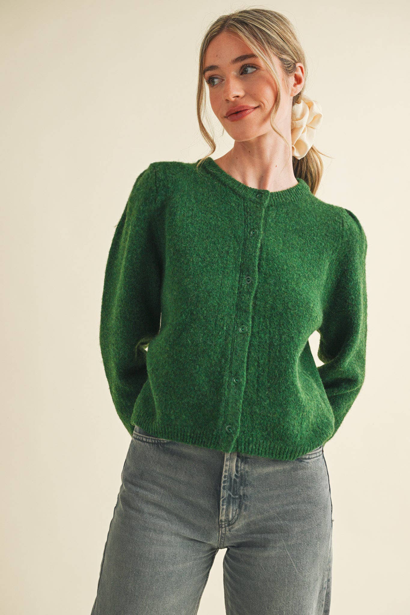 HEAVY PUFF SLEEVE SWEATER CARDIGAN: CHARCOAL