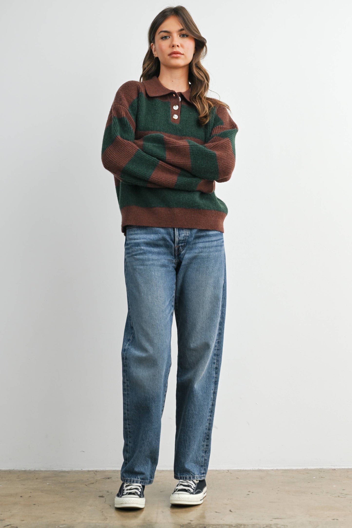 Striped Color Block Collared Sweater: BROWN / OLIVE
