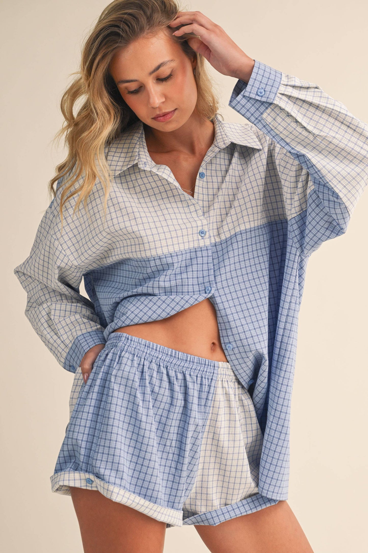 Long Sleeve Button Down Shirt and Short Set: Blue Multi