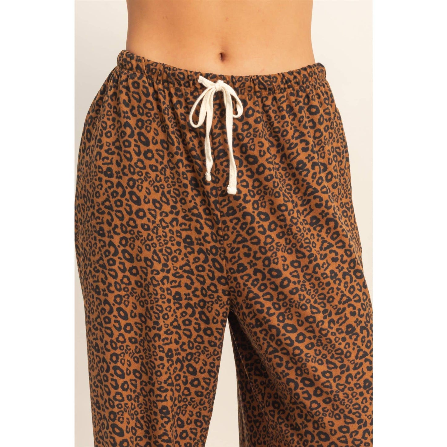 Leopard Print Wide-Leg Drawstring Comfort Pants: BROWN