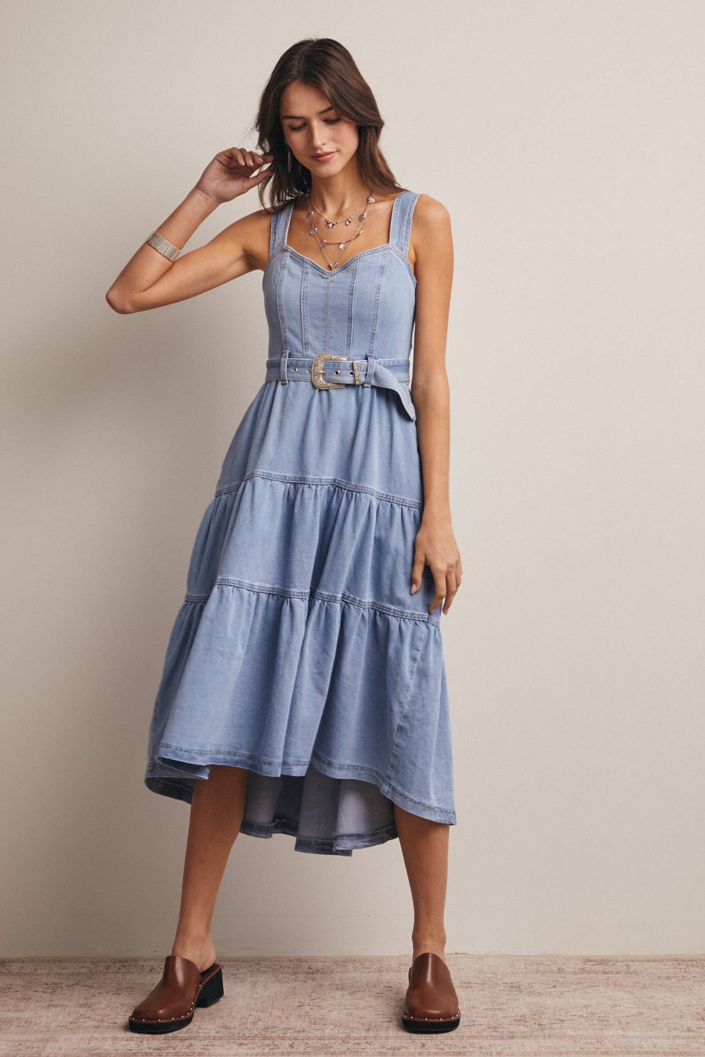 Tiered Denim Maxi Dress: Cloud Wash