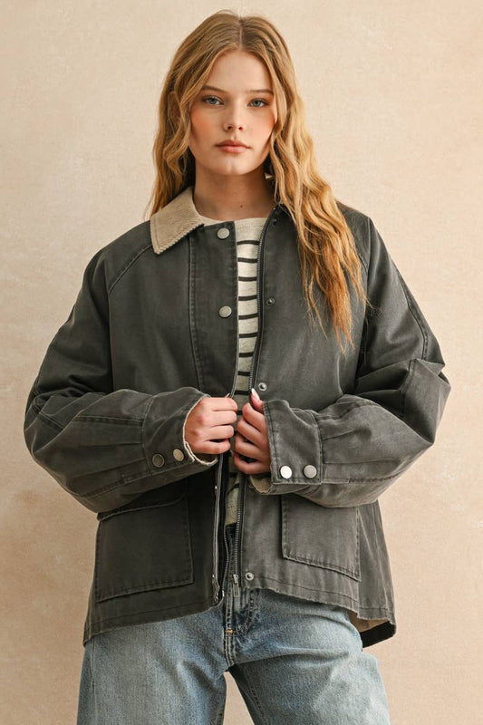 COLLAR UTILITY COAT JACKET : CHARCOAL