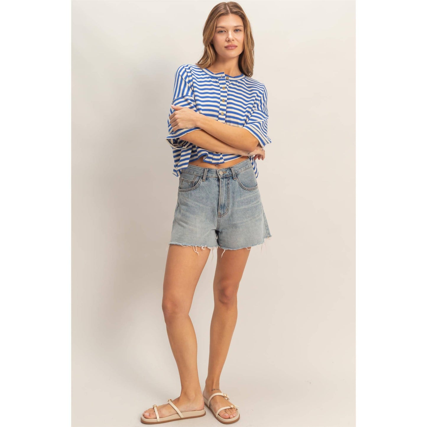 Striped Button-Up Tee: BLUE