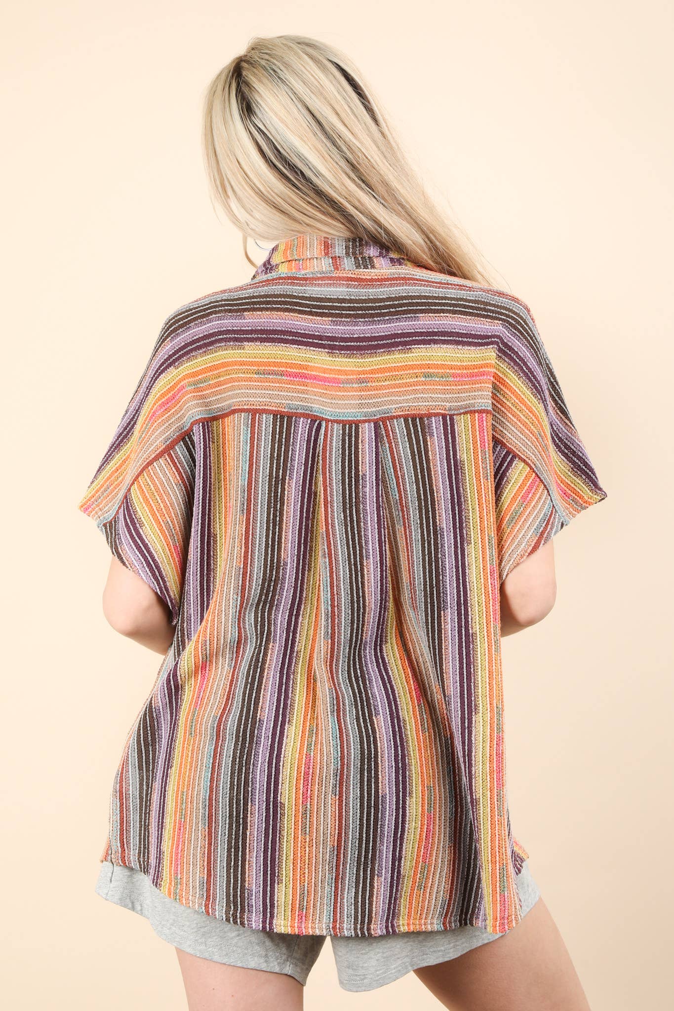 Oversized Crochet Multi Color Striped Shirt Top: BRICK MIX