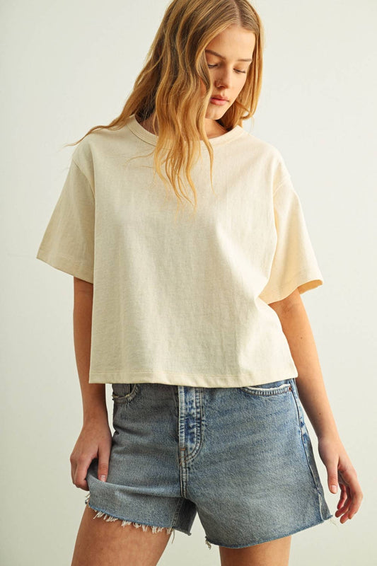 SHORT SLEEVE LINEN KNITTED TOP: OATMEAL