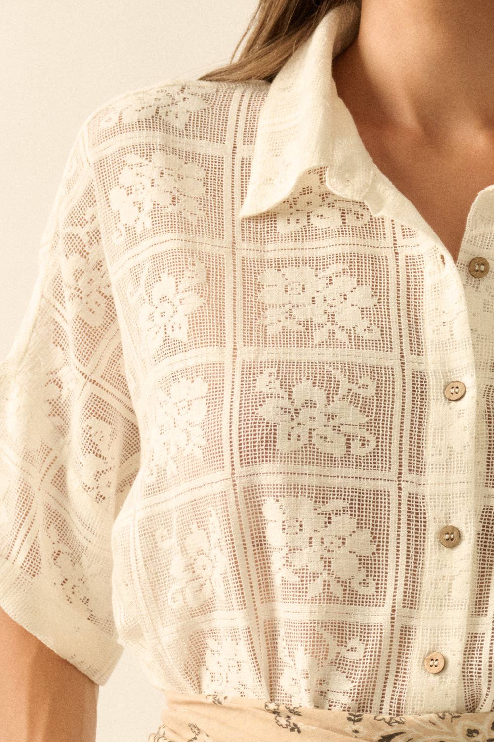 Sheer Floral Lace Oversized Button-Up: Cream