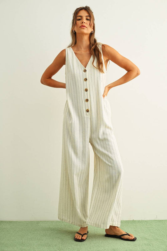 STRIPED PATTERN BUTTON FRONT JUMPSUIT: CREAM/BLACK