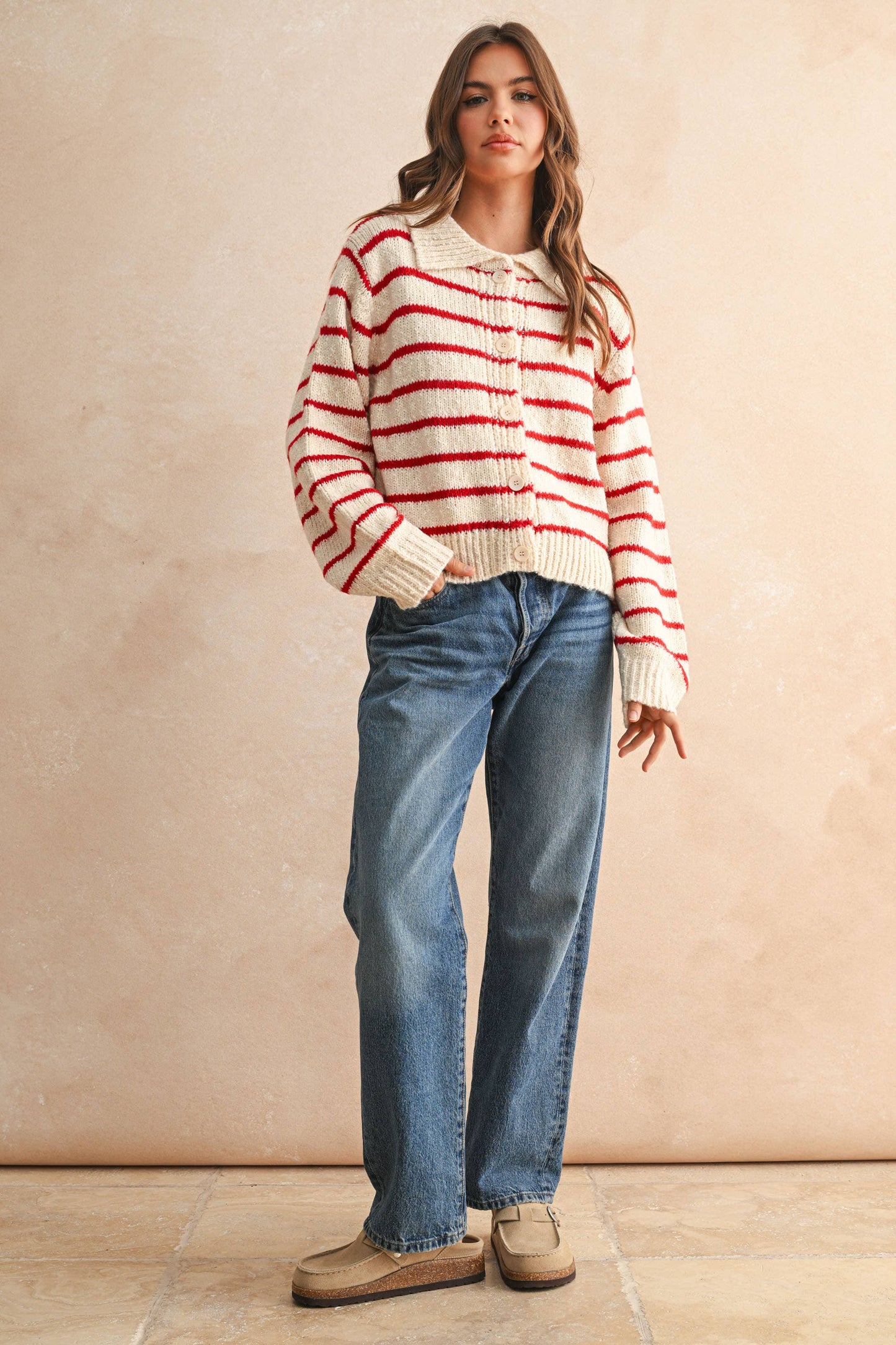 BUTTONDOWN STRIPED KNITTED CARDIGAN: Red