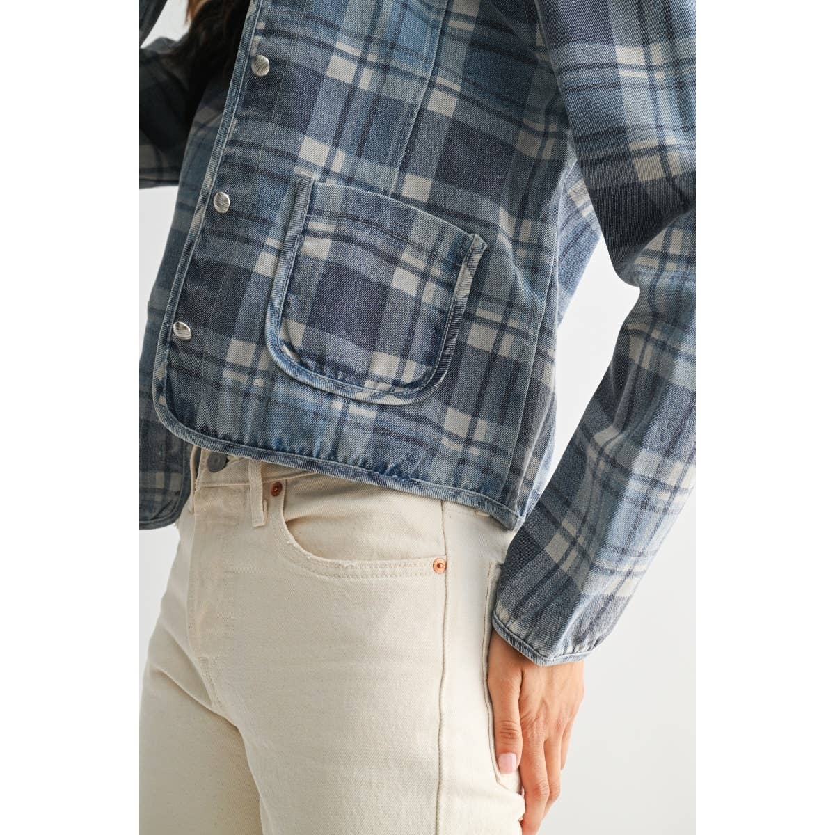 PLAID DENIM JACKET: MEDIUM DENIM WASH PLAID / S-M-L(3-2-1)