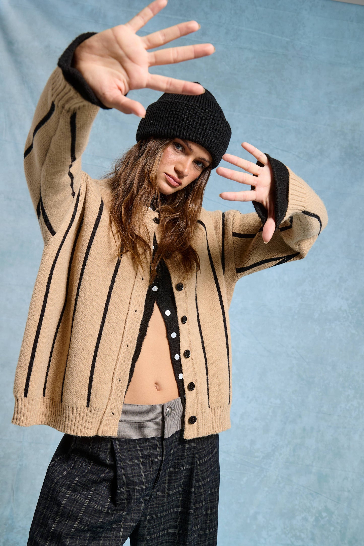 Striped Heavy Knit Cardigan: Taupe