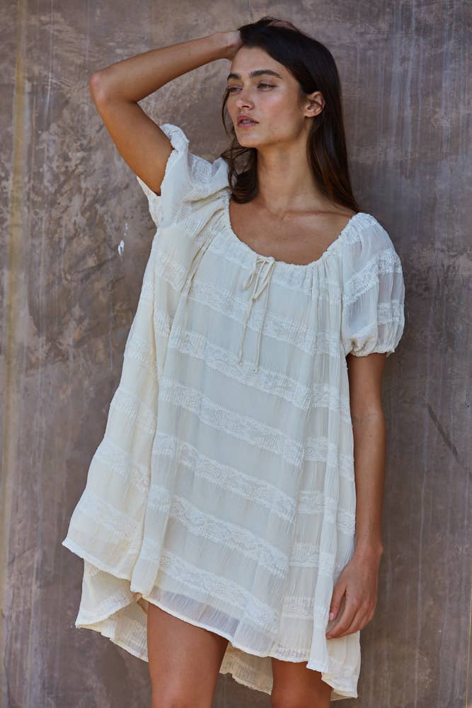 Woven Polyester Pleated Lace Striped Mini Dress : Ivory