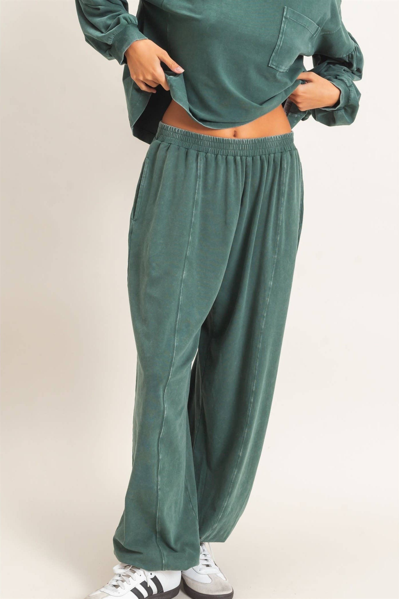 Mineral Wash Elastic Waist Jogger Pants: DARK GREEN