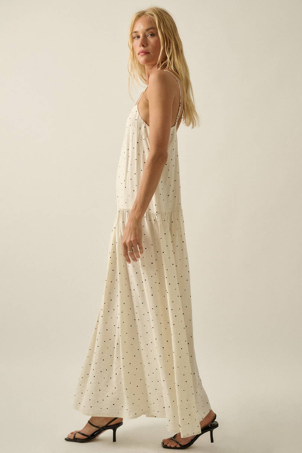 Polka Dot-Print Drop-Waist Cami Maxi Dress: Oatmeal