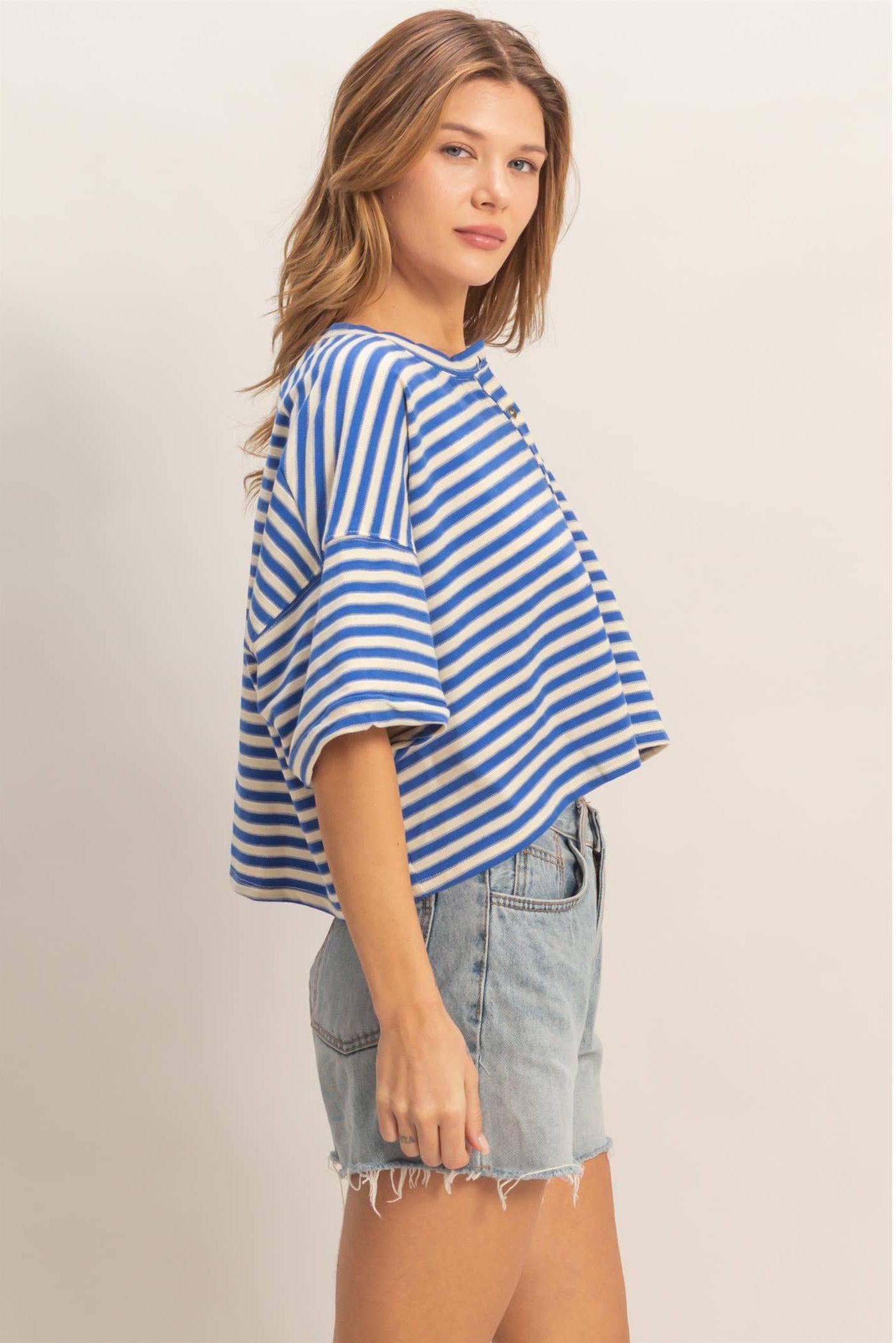 Striped Button-Up Tee: BLUE