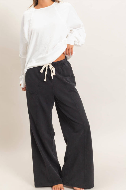Acid Wash Drawstring Waist Wide Leg Pants: BLACK
