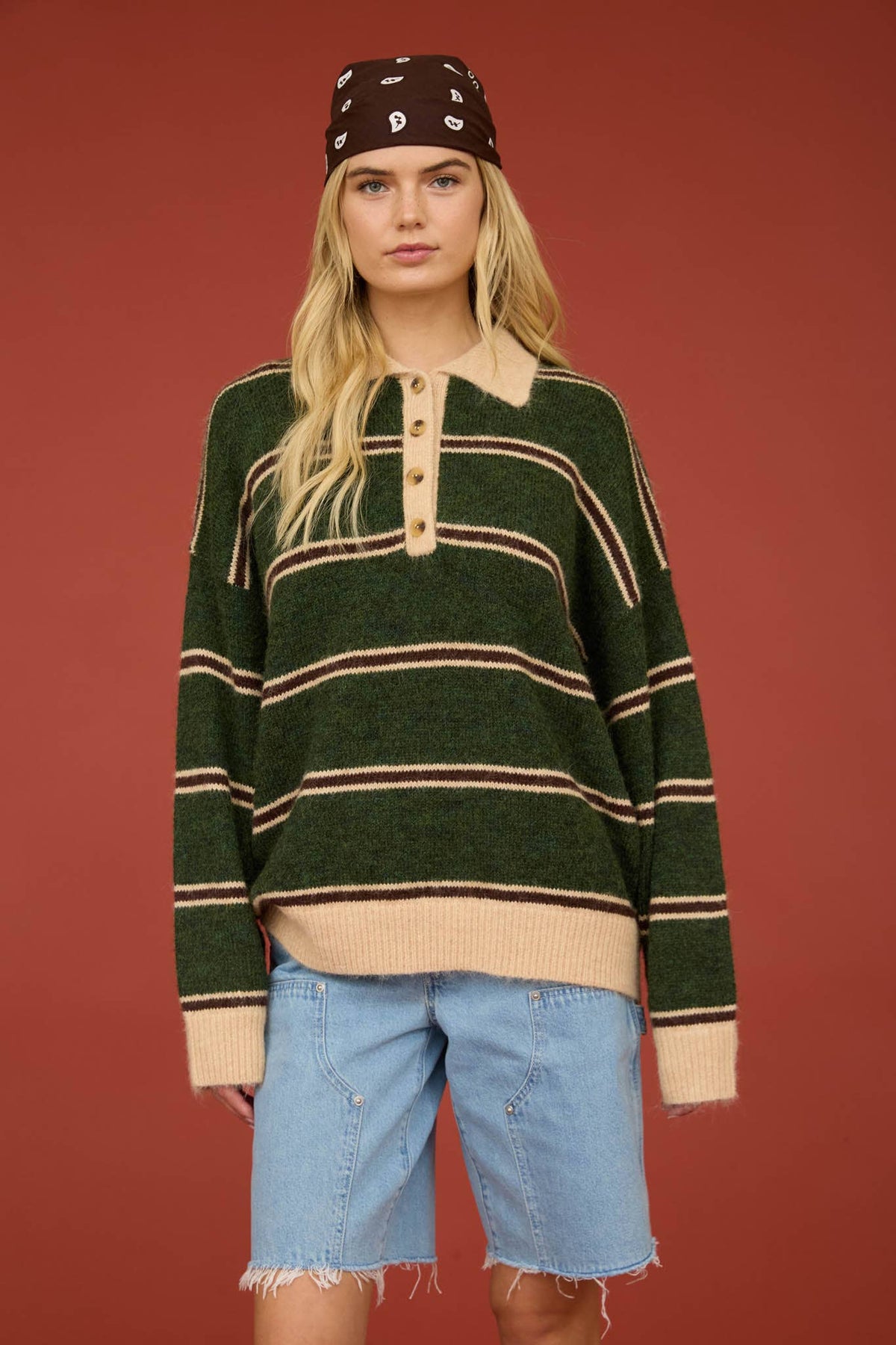 CONTRAST COLLAR STRIPE POLO FUZZY KNIT SWEATER : HUNTER GREEN MULTI