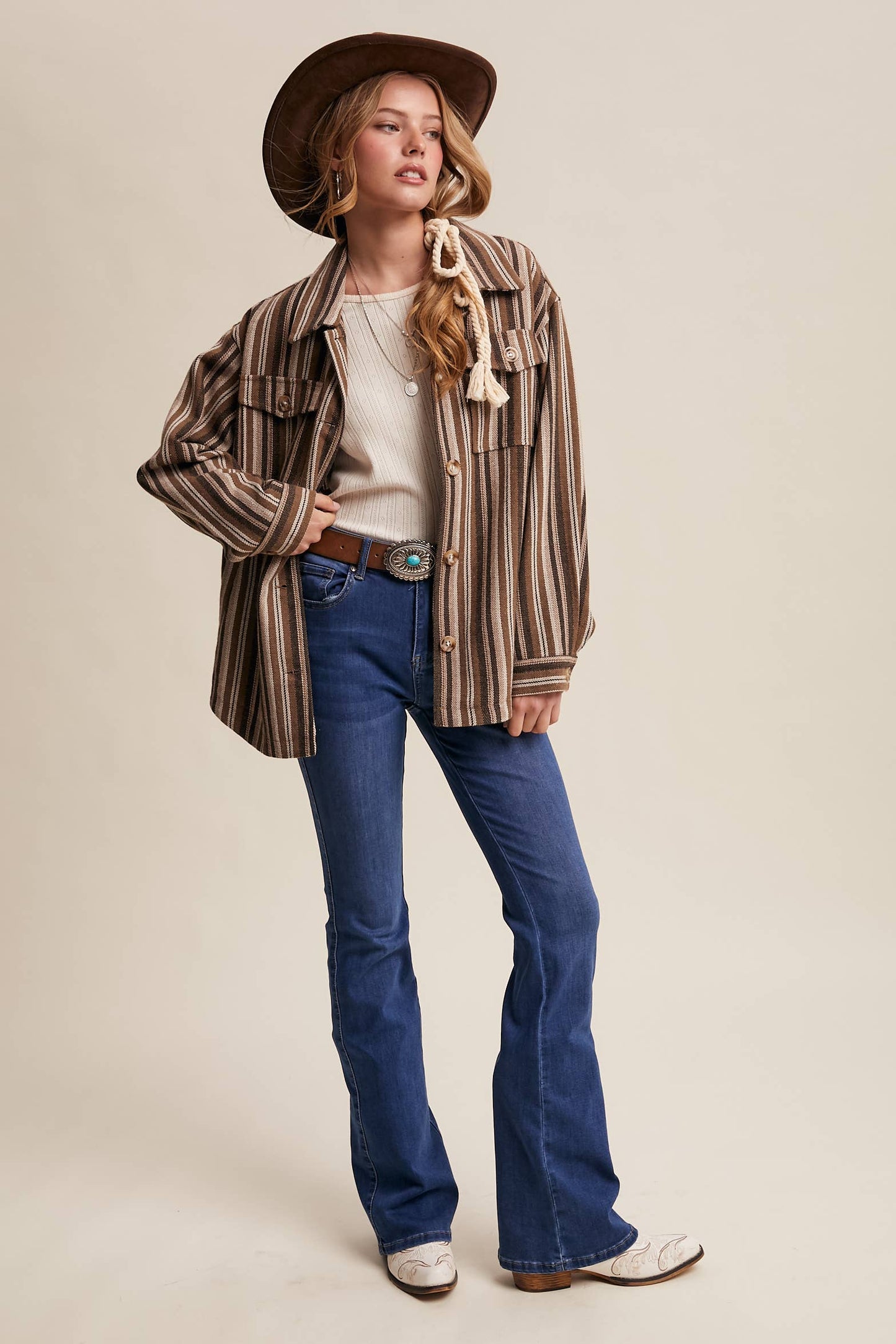 Western Stripe Button-Up Jacket: Mocha