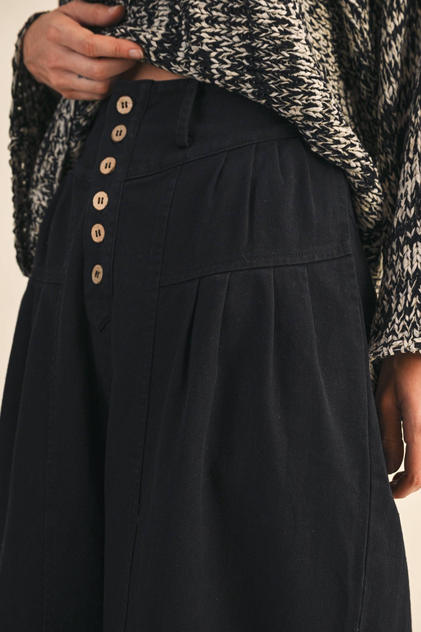 COTTON TWILL HIGH WAIST CROPPED WIDE LEG PANTS: Black