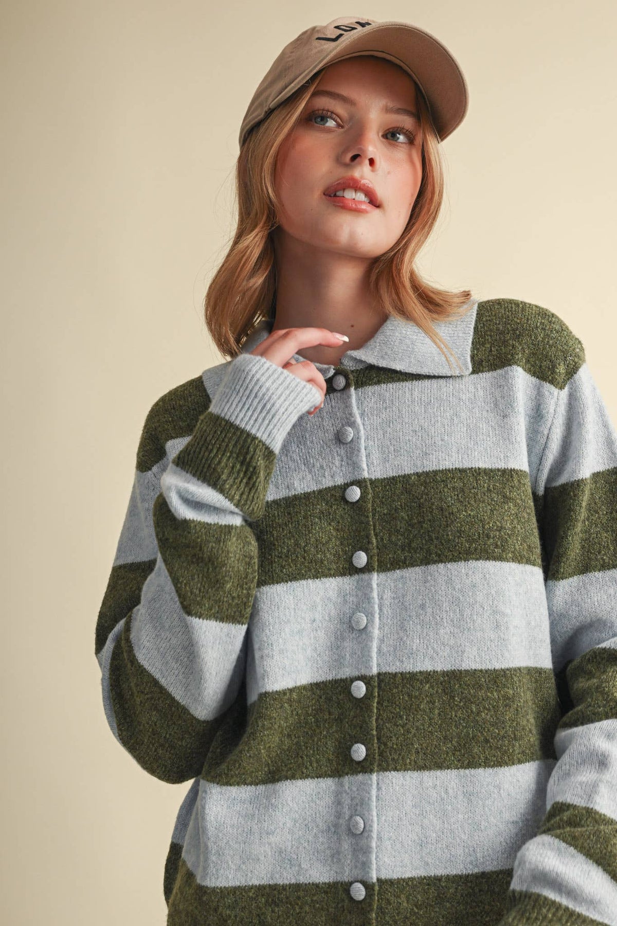 STRIPED SWEATER CARDIGAN: POWDER BLUE OLIVE