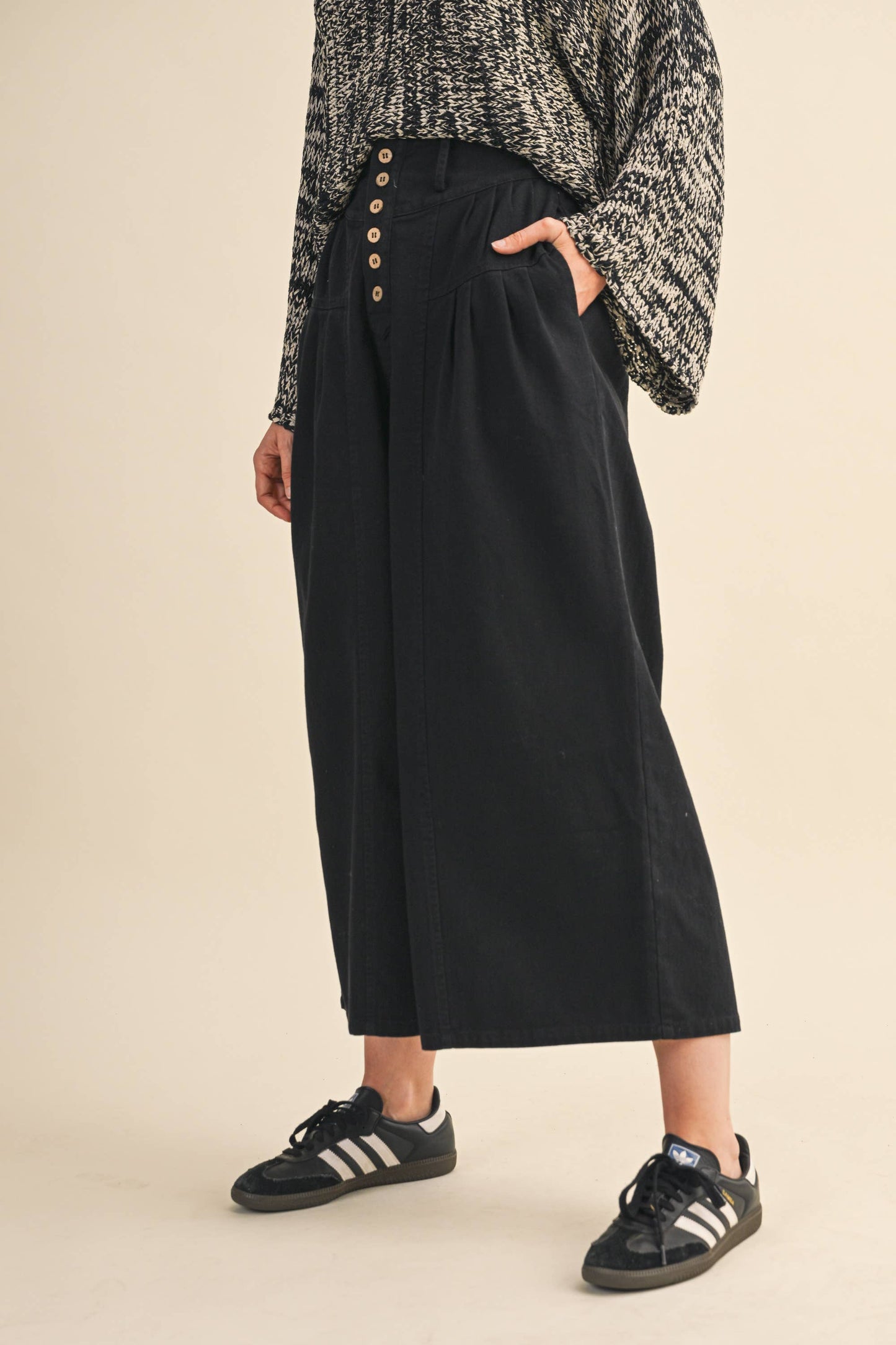 COTTON TWILL HIGH WAIST CROPPED WIDE LEG PANTS: Black