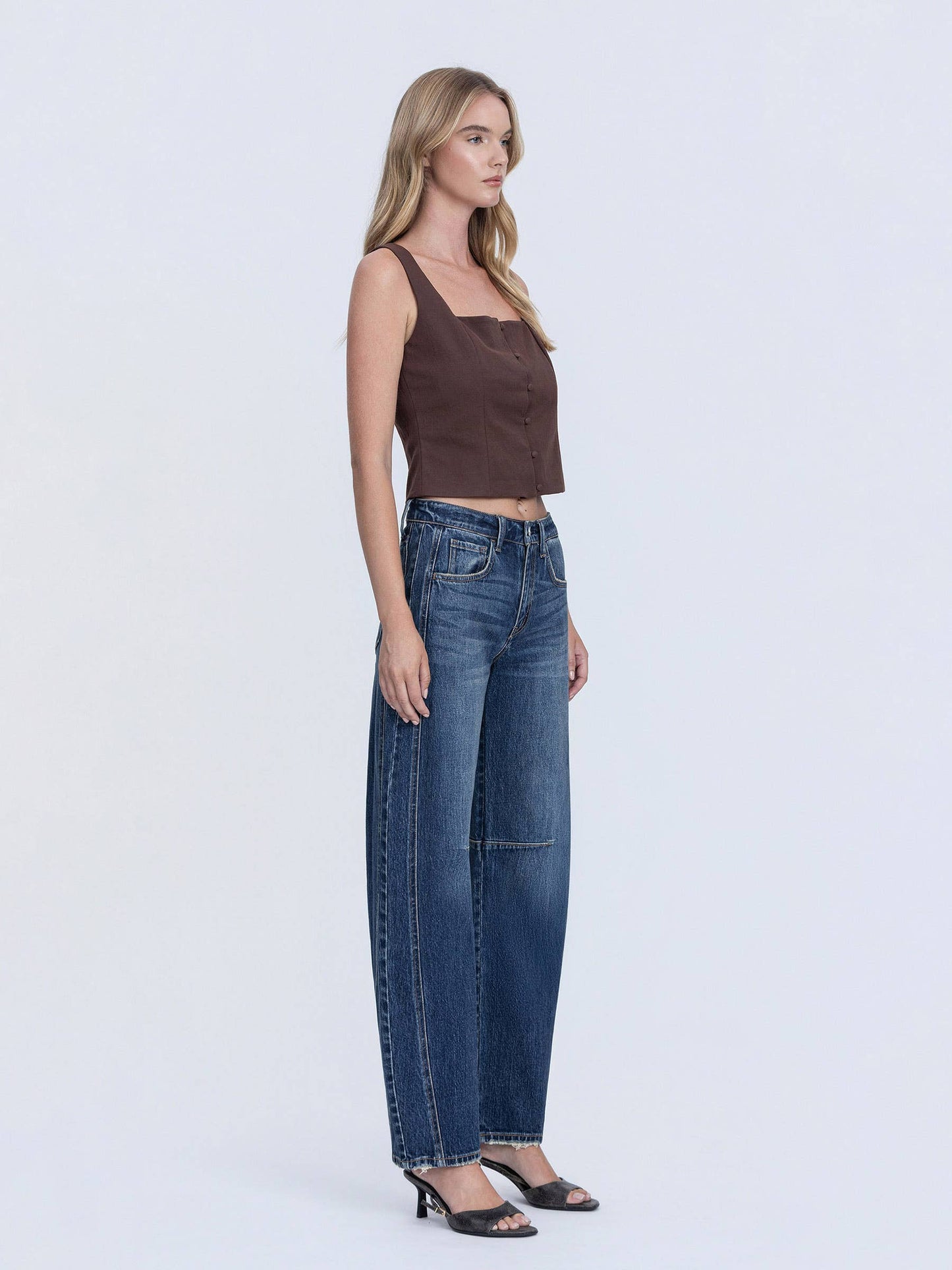 HIGH RISE DARK WASH FULL LENGTH BARREL JEANS