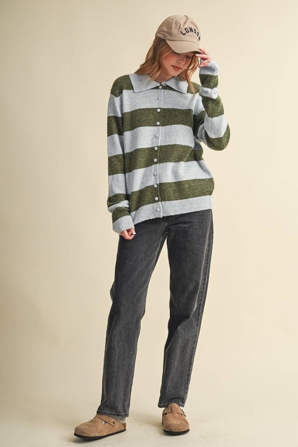 STRIPED SWEATER CARDIGAN: POWDER BLUE OLIVE