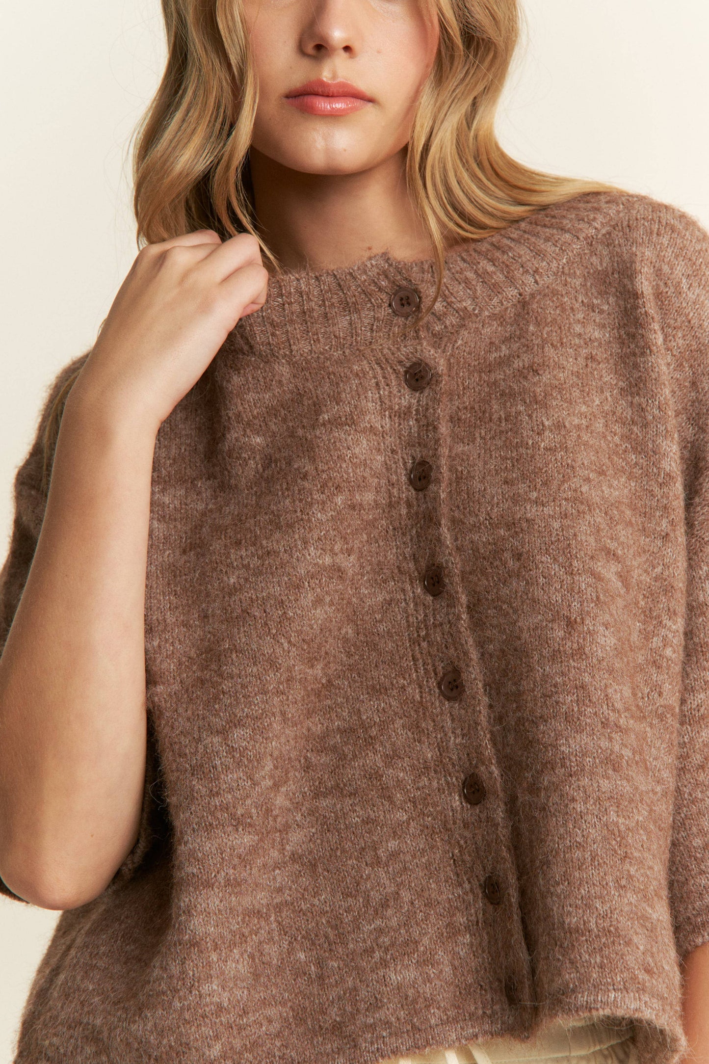 Quarter-Sleeve Knit Cardigans: Mocha