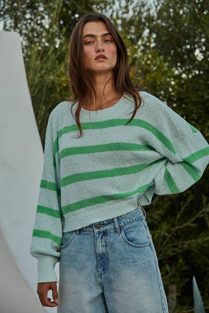Knit Sweater Striped Crewneck: Light Mint Green