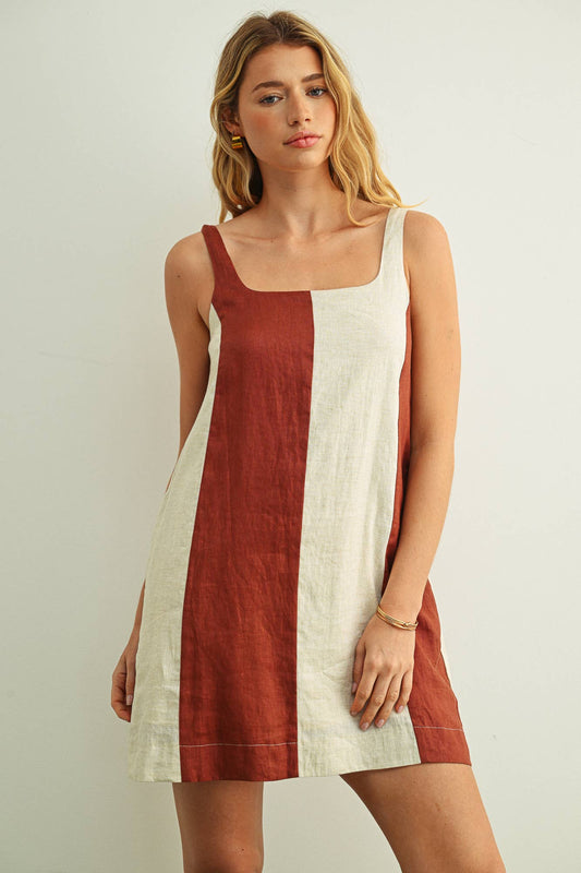 COLOR BLOCK LINEN MINI DRESS: ROSE CLAY/OATMEAL