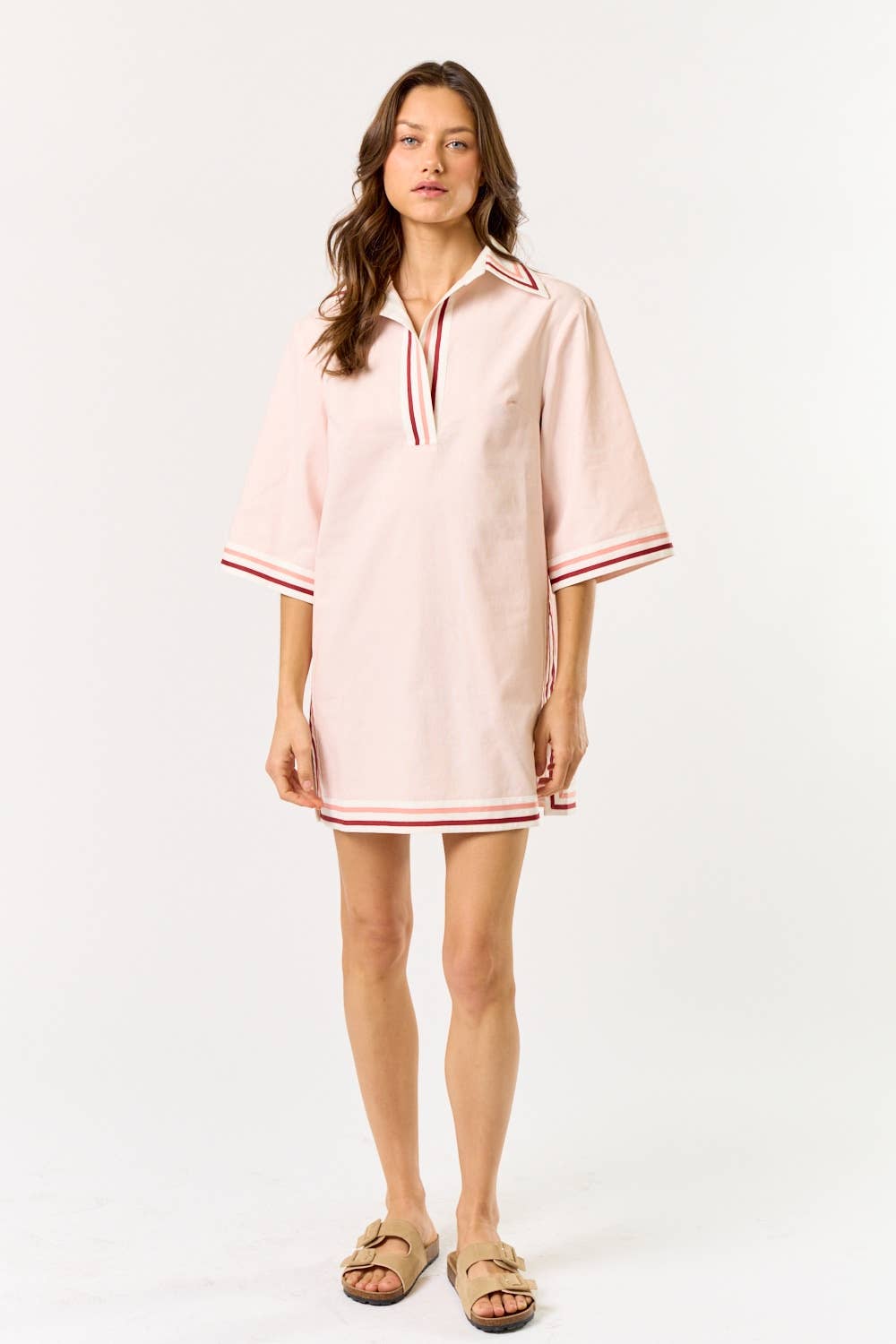Striped Collared Oversize Mini Dress With Pockets: LT PINK