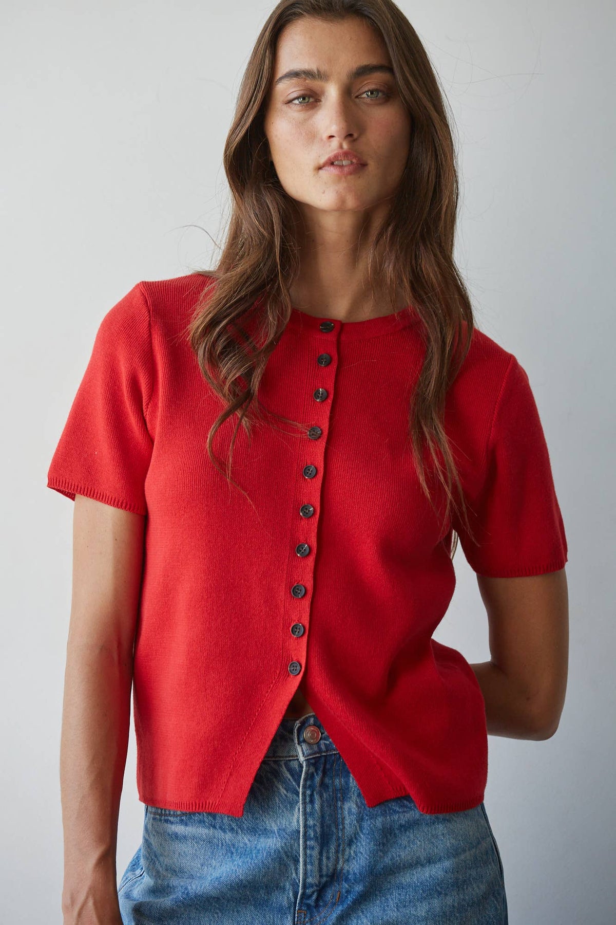 Knit Sweater Short Sleeve Button Down Top: Red