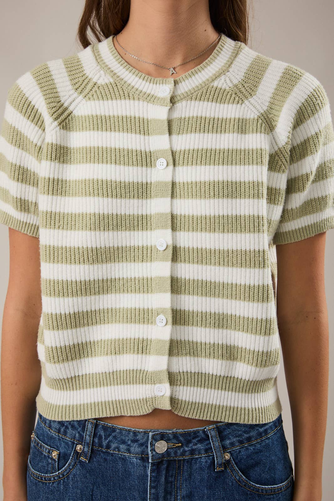 RAGLAN SHORT SLEEVE CREW NECK SWEATER: SAGE-WHITE STRIPE