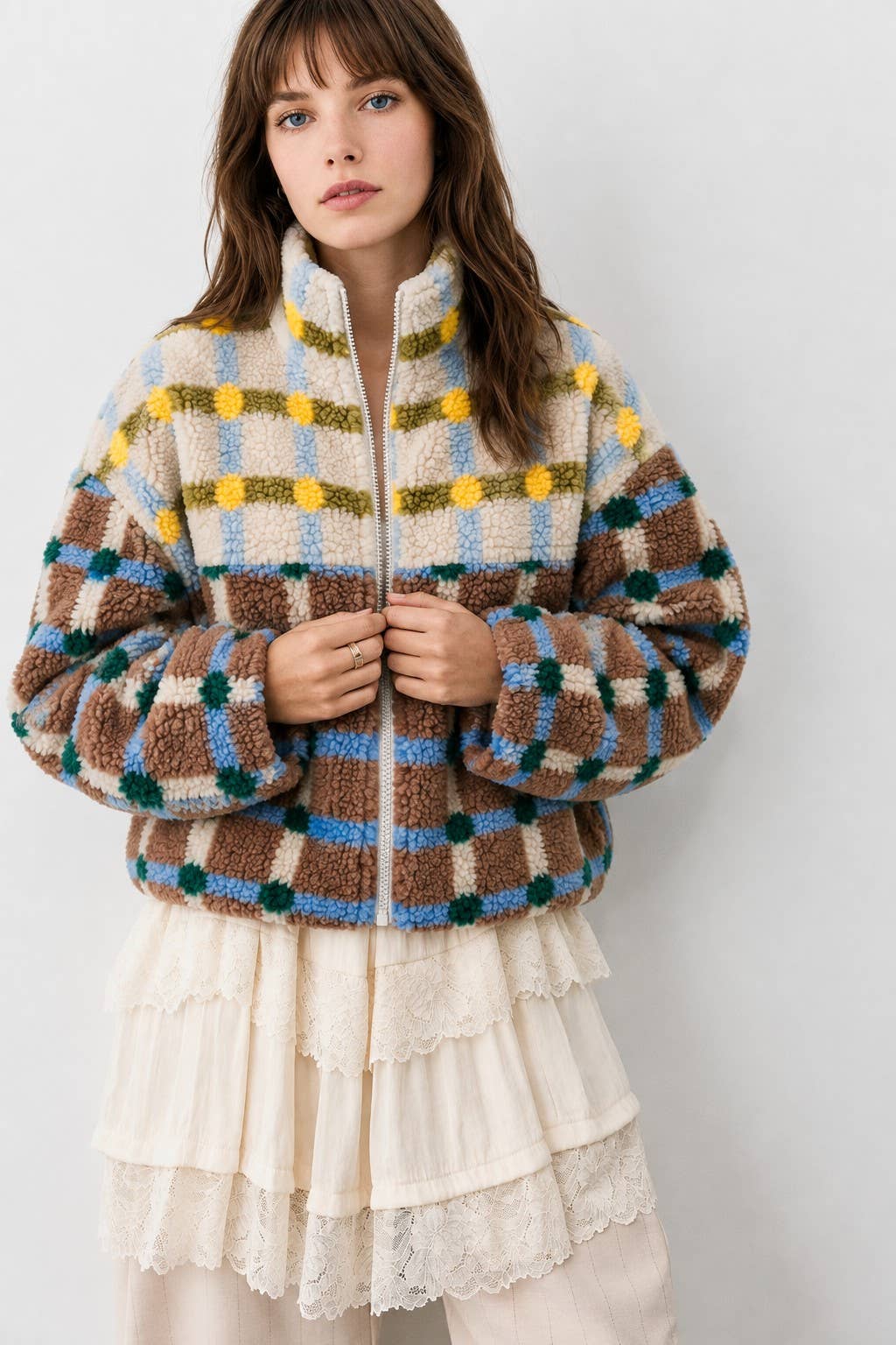 MIXED PLAID COLOR BLOCK SHERPA ZIP-UP JACKET: BROWN/CREAM