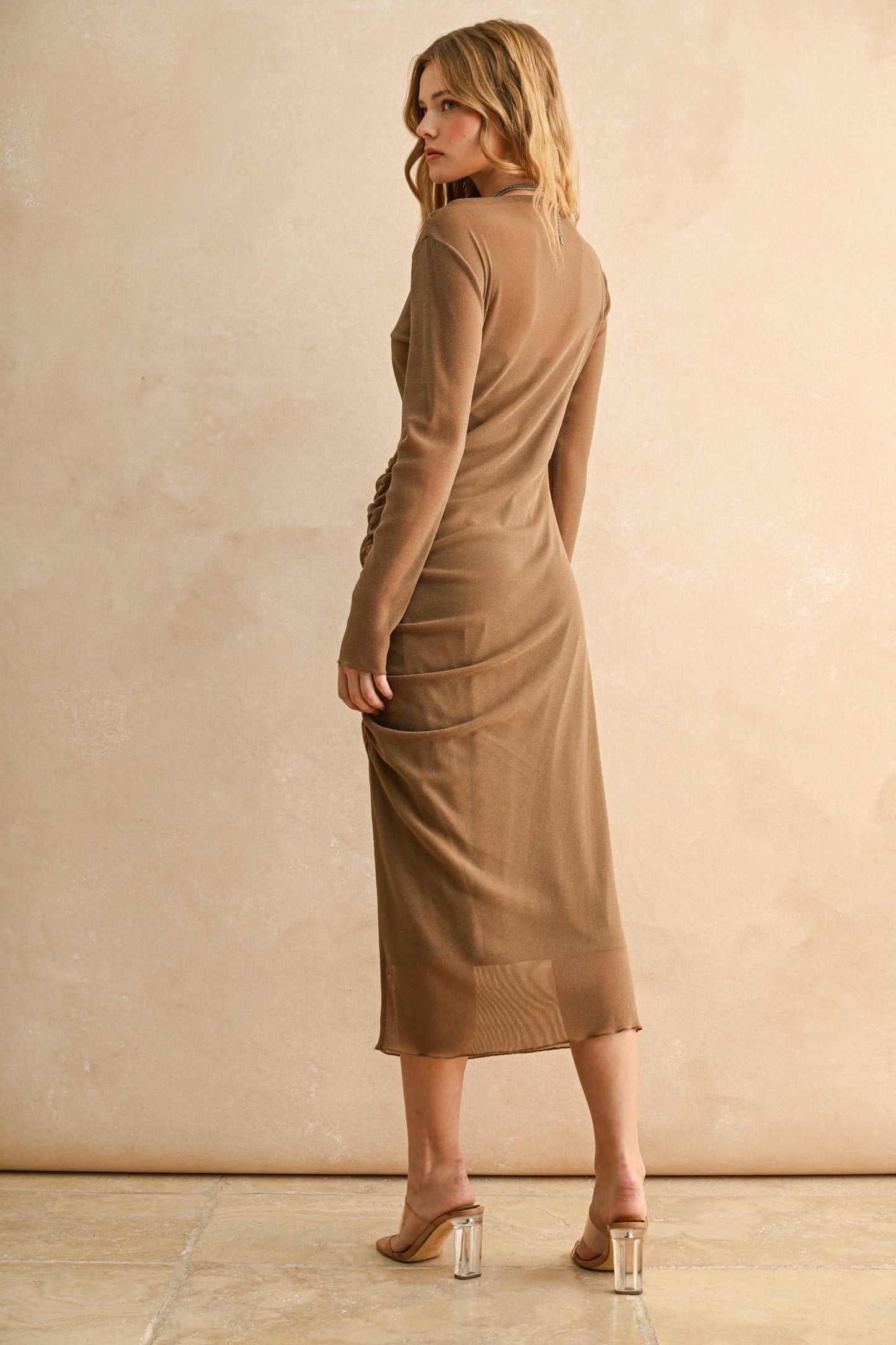 MESH DRAPED DRESS: ESPRESSO