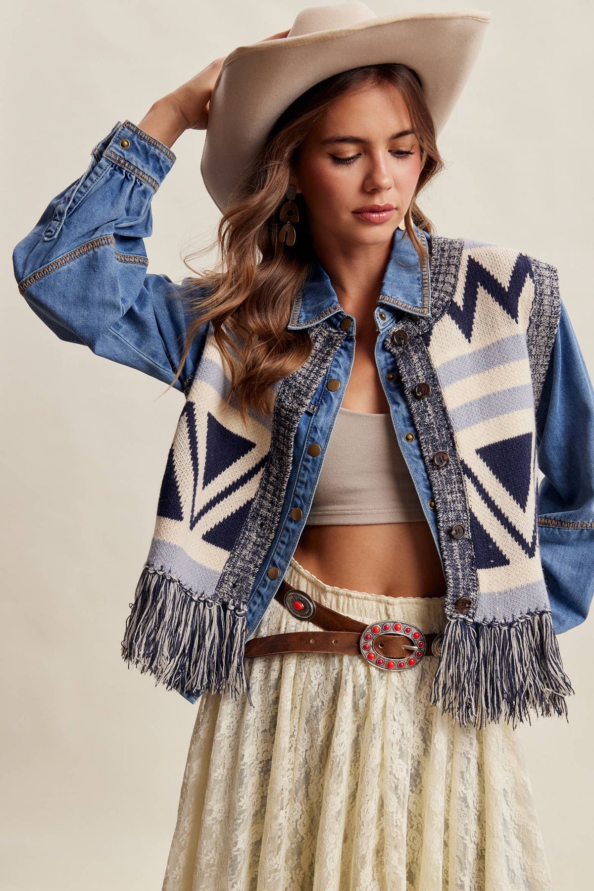 Western Fringe Knit Sweater Vest: Navy