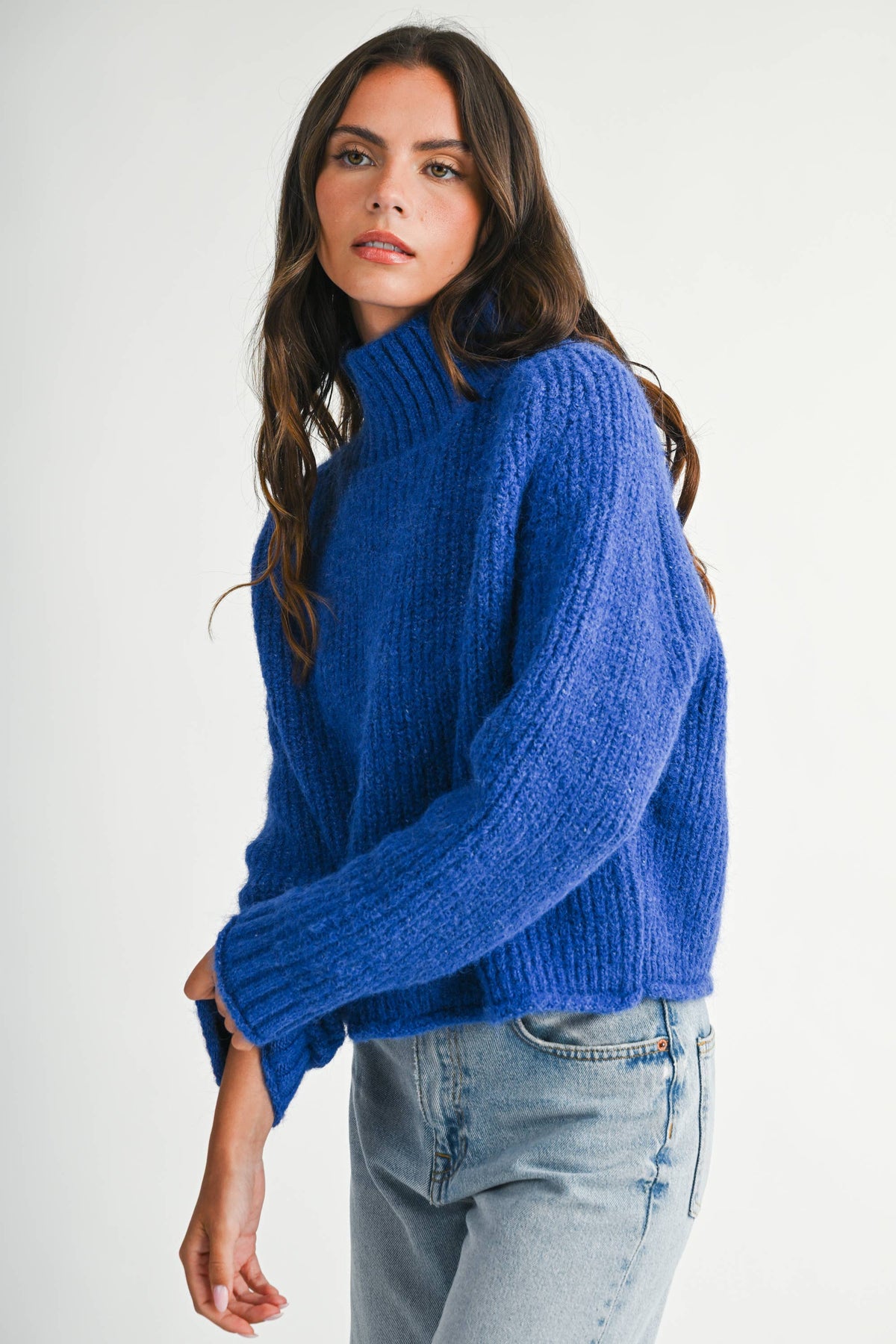 Soft Brushed Mock Neck Sweater: Cobalt