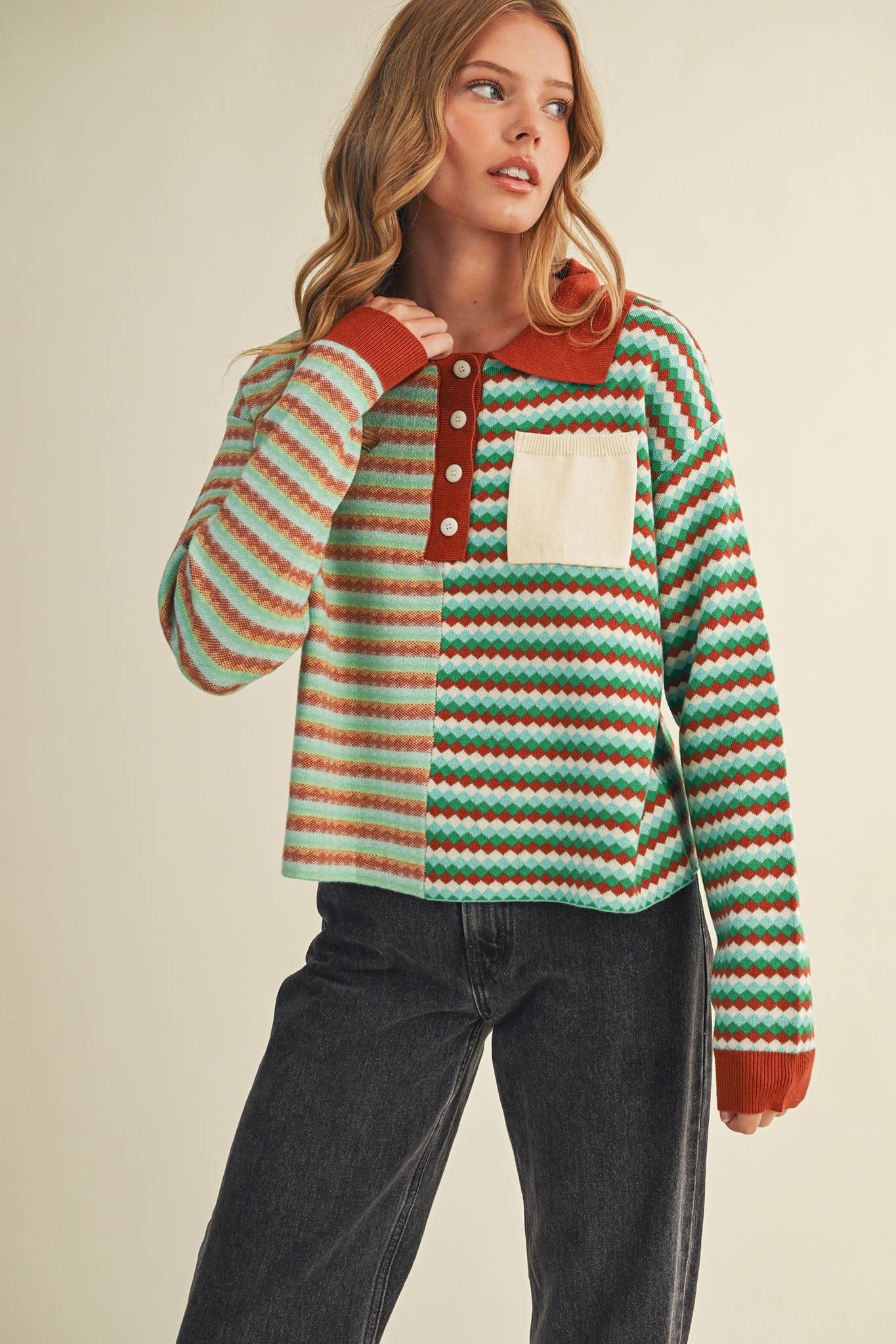 MULTI-COLOR STRIPED KNIT SWEATER: TEAL COPPER