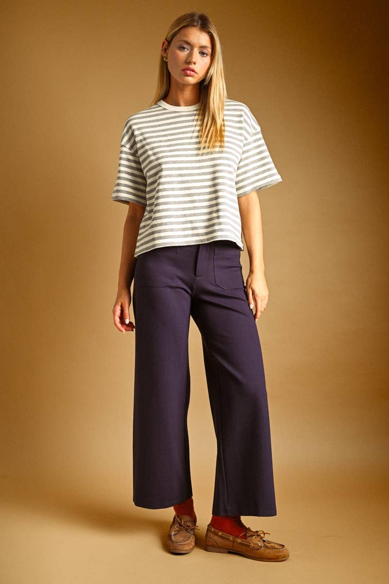 BOLD STRIPED SHORT SLEEVE TOP: HEATHER GREY