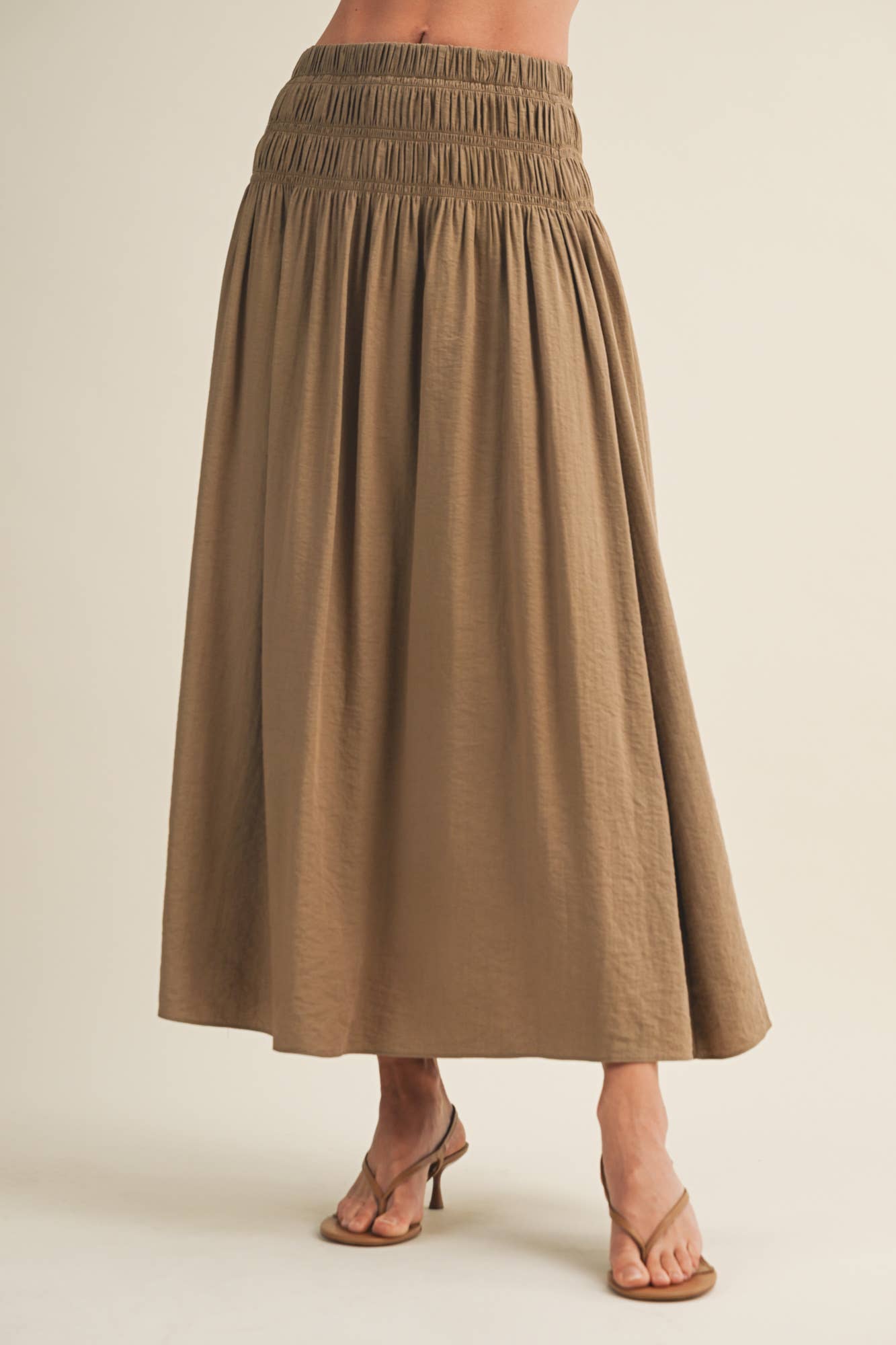Smocked Waistband A-Line Maxi Skirt and bubble top set: MOCHA