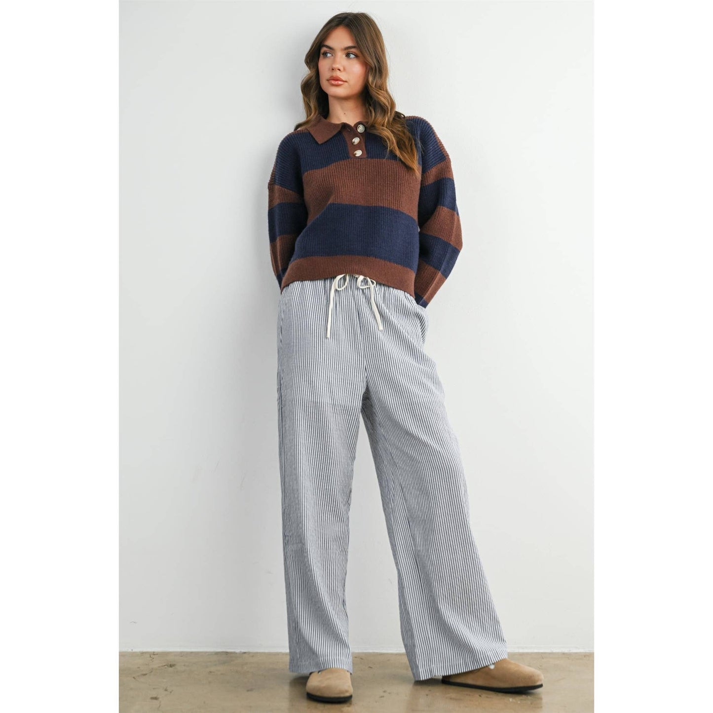 Striped Color Block Collared Sweater: BROWN / OLIVE