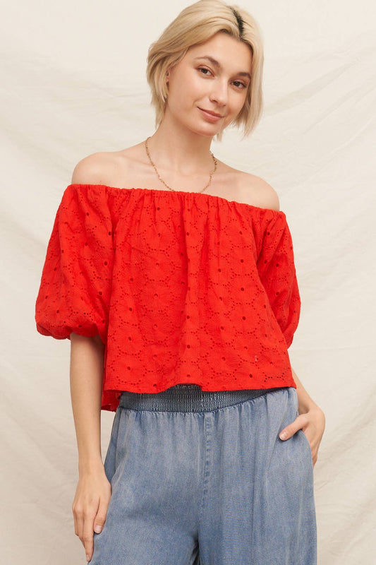 Off Shoulder Floral Eyelet Top