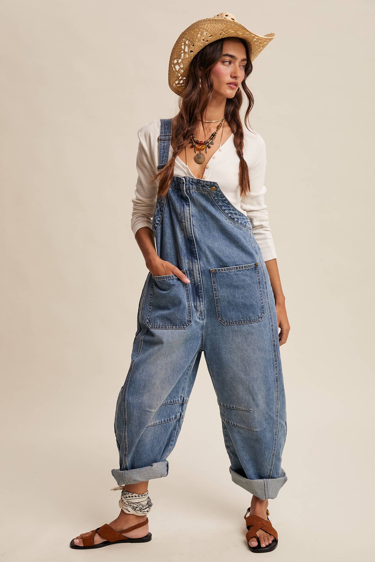 Wide-Leg Denim Overalls: Sunwashed Blue