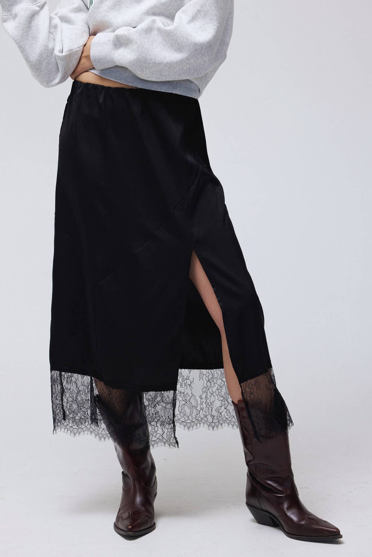 Lace Trim Satin effect Comfy Slit Midi Skirt: Black