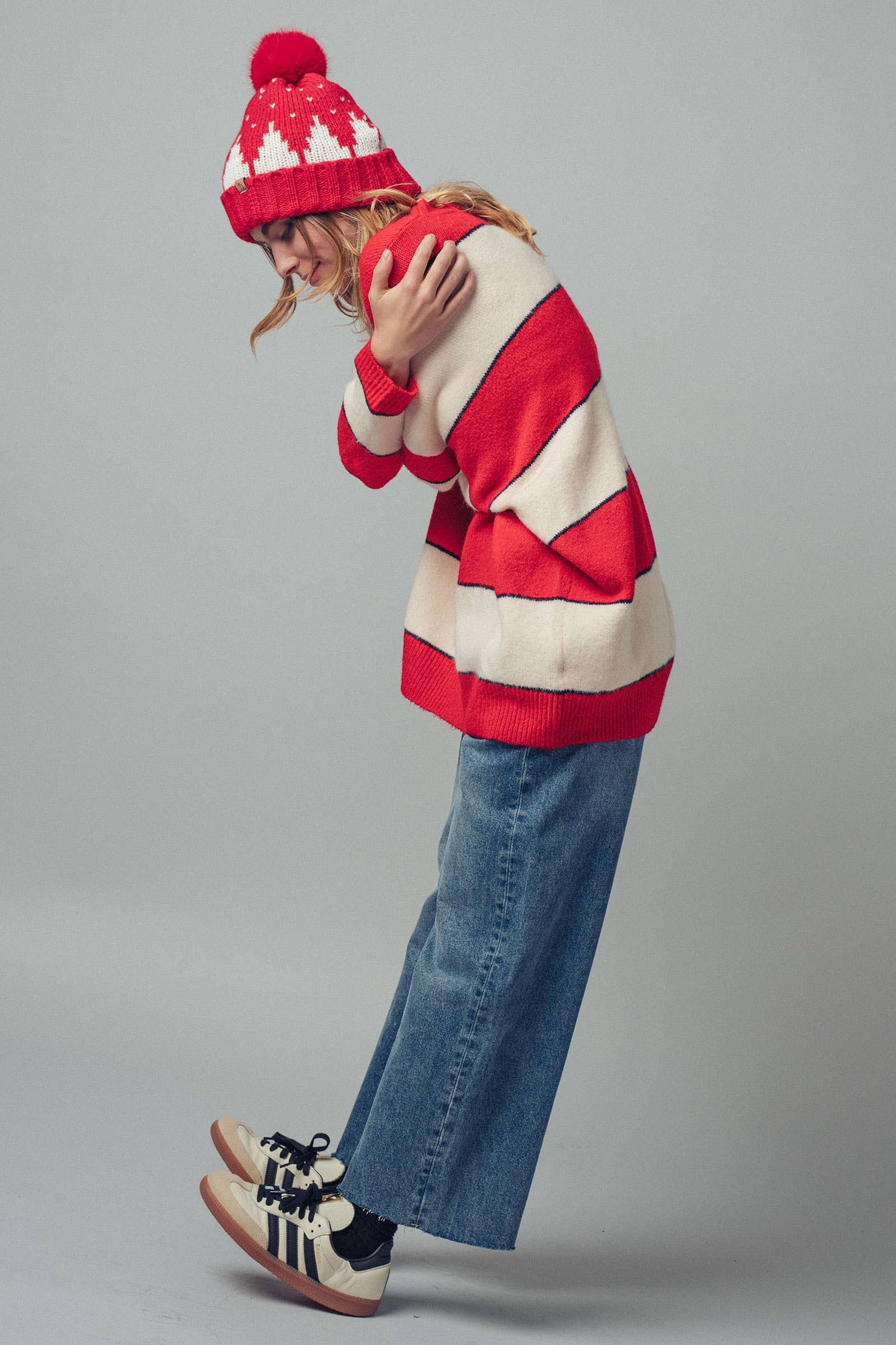 Oversized Rugby Stripe Knit Sweater: Red