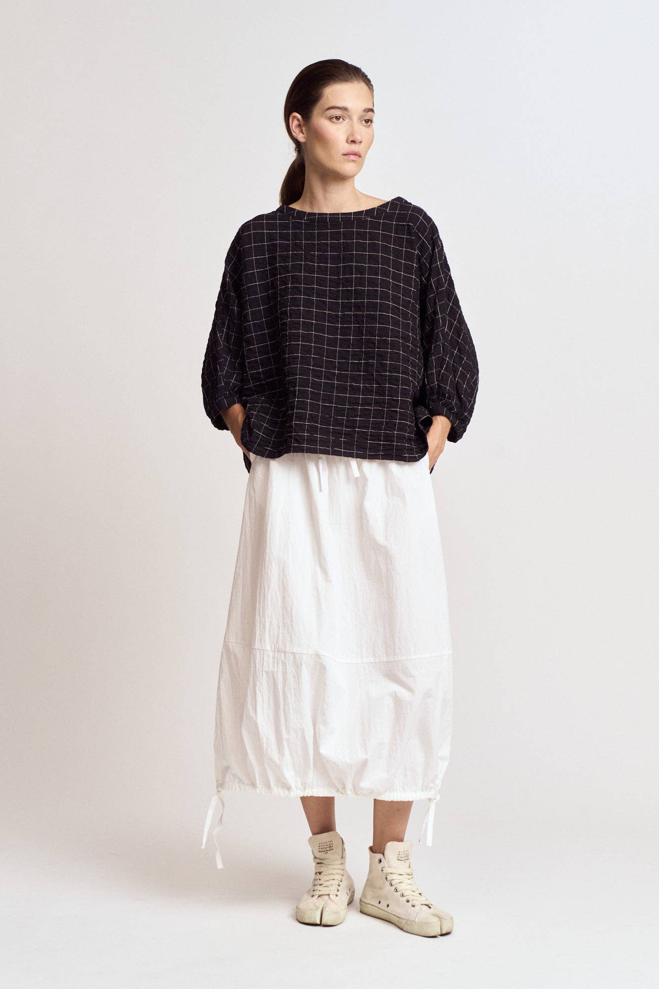 CHECK PRINT GAUZE BLOUSE: Black